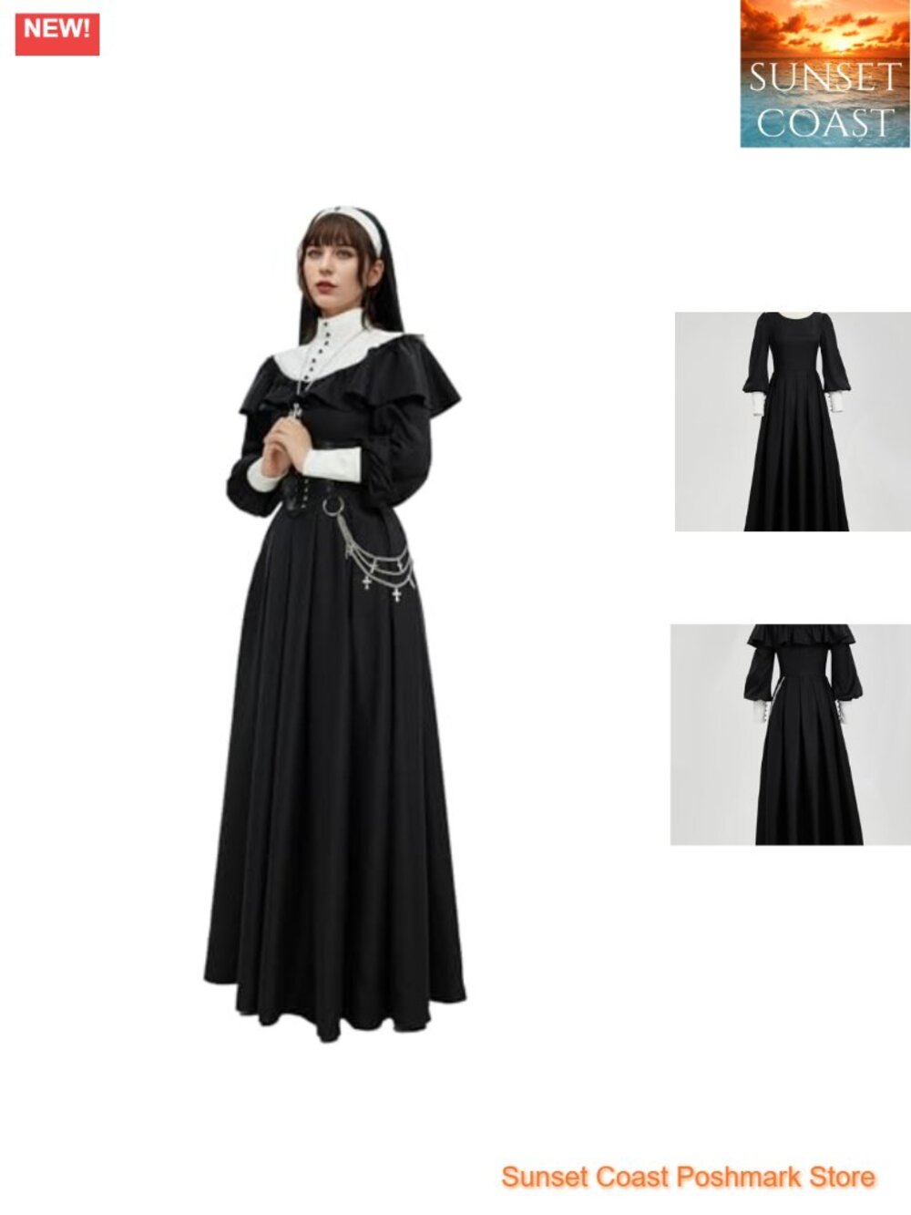 Women's Nun Cosplay Gothic Long Dress with Shawl Necklace Belt
